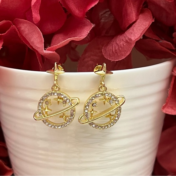 Crystal Planet Saturn and Gold Stars Dangle Earrings - Picture 11 of 16